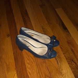 Navy blue leather block heels